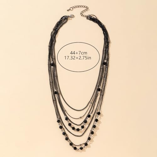 Boho Layered Necklace for Women Stacked Crystal Chain Necklace Beaded Pendant Boho Necklace Trendy Dainty Jewelry - color: Black
