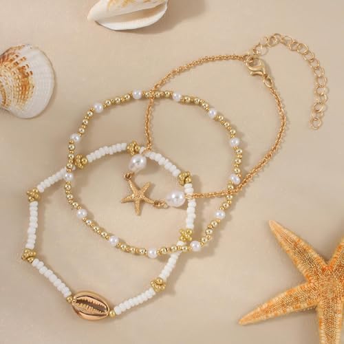 Shell Bracelet,Gold Plated Starfish Ankle Bracelets for Women Waterproof Stack Beaded Anklet Boho Hawaiian Vacation Beach Jewelry Gifts - style: starfish