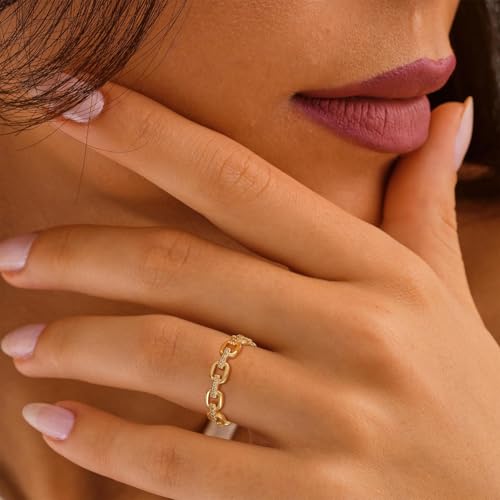Coshilta 14K Gold Plated Cubic Zirconia Ring for Woman, Multi CZ Simulated Diamond Cluster Ring Marquise Round Rings Thin Stackable Knuckle Band Trendy Jewelry Gift Size 6-10 - color: Chain
