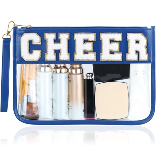 BuyCard Cheer Chenille Letter Bags Clear Makeup Bag, Cheerleader Gifts Cosmetic Bag, Varsity Preppy Patch Flat Pouch Cheer Accessories, Waterproof PVC Organizer Toiletry Bag for Women Girls Navy Blue - color: Navy Blue-Cheer