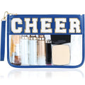 BuyCard Cheer Chenille Letter Bags Clear Makeup Bag, Cheerleader Gifts Cosmetic Bag, Varsity Preppy Patch Flat Pouch Cheer Accessories, Waterproof PVC Organizer Toiletry Bag for Women Girls Navy Blue - color: Navy Blue-Cheer