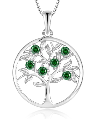 Tree of Life Necklace for Women - Solid 925 Sterling Silver 18K White Gold Plated Birthstone Pendant Jewelry - color: 05-May_Emerald