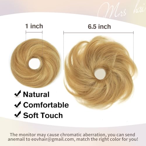 Human Hair Bun Extensions, Messy Bun Hair Piece, Soft Fluffy Elastic Scrunchie, 30s Easy Updo for Women & Kids, Ideal for Daily Wear, Ballet, Dance & Office Use (Honey Highlights Golden) - color: Honey Golden Highlights, size: 4 Inch