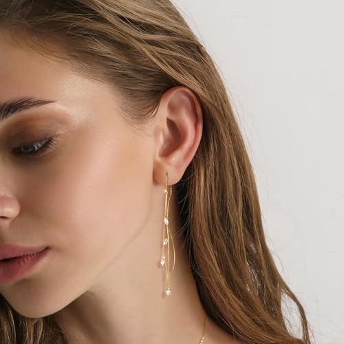 NECOCY Gold Dangle Earrings for Women Non Tarnish 14K Gold Plated Drop Wedding Hypallergenic Earring Dainty Long Hanging Chain CZ Pearl Threader Earrings Trendy Silver Plated Jewelry for Women - style: Gold&Style2