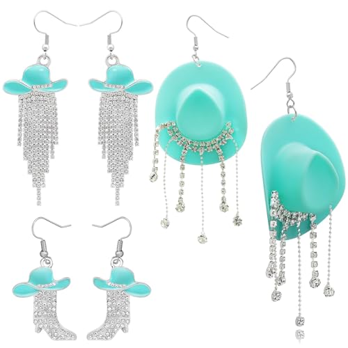 RechicGu 3 Pairs Western Cowgirl Cowboy Hat Earrings Set Silver Symmetric Boots Sparkly Rhinestone Tassels Drop Dangle Rural Culture Earrings Set For Women - color: Silver Boots,Mint Green Hat