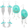 RechicGu 3 Pairs Western Cowgirl Cowboy Hat Earrings Set Silver Symmetric Boots Sparkly Rhinestone Tassels Drop Dangle Rural Culture Earrings Set For Women - color: Silver Boots,Mint Green Hat