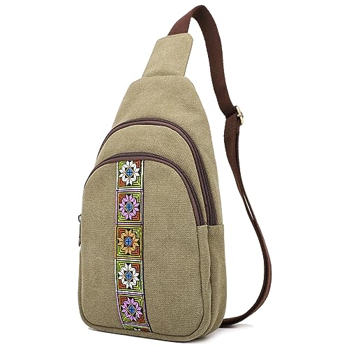 SILKAREA Canvas Sling Bag for Wome Crossbody Purse Small Sling Backpack Purse Travel Hiking Chest Bag Daypack - color: Army Green