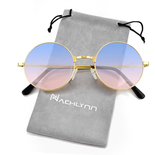 NACHLYNN Round Hippie Sunglasses Metal Border Circle Hippie Glasses UV380 Protection 70s Sunglasses for Men Women Party Favor - color: Blue Pink