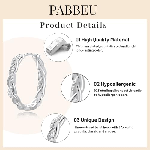 PABBEU Sterling Silver Hoop Earrings,Hypoallergenic Twisted Silver Hoops Earrings for Women Lightweight SilverHoop Earring with Cubic Zirconia (15/20/25/30MM) - color: 15mm Silver