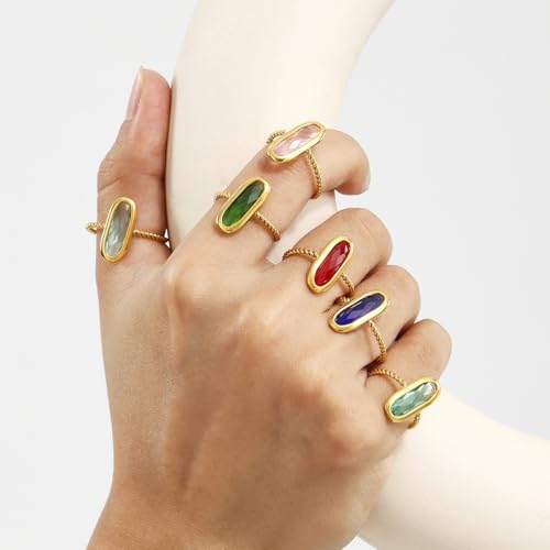 18K Gold Plated Adjustable Twisted Rings for Women Non Tarnish Oval Czech Glass Stone Stainless Steel Statement Rings Open Gemstone Boho Stackable Band Jewelry - color: Royal Blue
