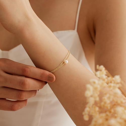 SLOONG Gold Pearl Bracelets for Women Trendy, 14K Gold Plated Dainty Stackable Layered Chain Bridesmaid Bracelets, Waterproof Wedding Jewelry for Women Adjustable 6"+2" - color: Style1(Pearl)