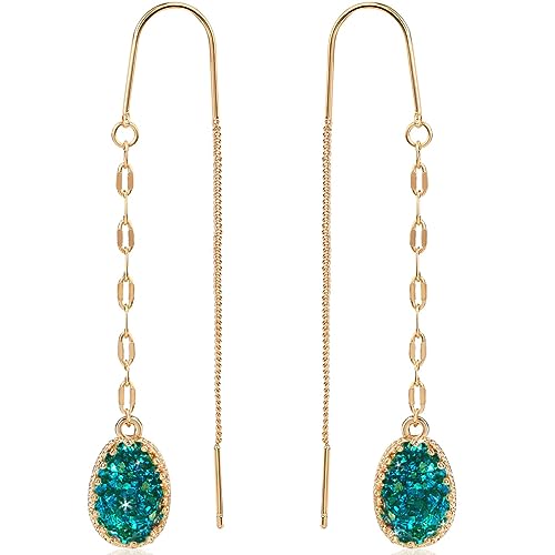 Simulated Druzy Threader Earrings for Women - Gold, Silver, or Rose Gold Tone Long Chain Earrings with Boho Created Geode Stone - color: Gold - Blue Green Stone