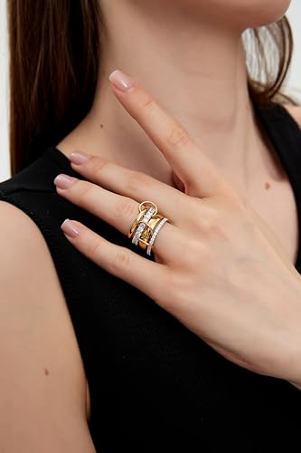 14K Gold Plating and Platinum Plating Stackable Interlocking Ring Set | Anti-Allergy Mixed Metal Multi-Ring Declaration Jewelry | Women's Festival Gift, Mother's Day/Birthday/Engagement Jewelry - size: 8, style: Four-layer ring