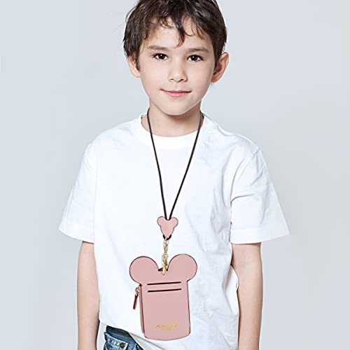 BUUFAN Chic Cute Travel PU Leather Student ID Card Holder Lanyard Neck Pouch Bag With Coin Wallet Purse for Students Women Kids Teens Girls (Pink) - color: Pink