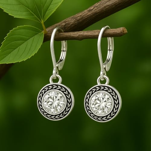 Savma Handmade 925 Sterling Silver Leverback Earrings for Women, Vintage Celtic Round Crystal Dangle Drop Earrings, Lightweight Boho Hypoallergenic Jewelry Gift - color: White Stone