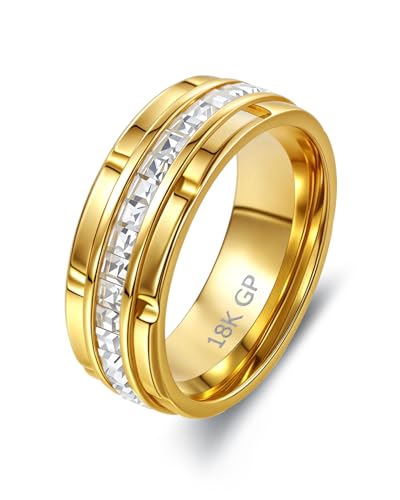 8mm Mens Gold Wedding Band with Cubic Zirconia Silver Eternity Ring CZ Inlaid 18K Gold Plated Stainless Steel Rings for Men, Rings Size 5-12 - color: Gold