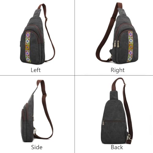 SILKAREA Canvas Sling Bag for Wome Crossbody Purse Small Sling Backpack Purse Travel Hiking Chest Bag Daypack - color: Black