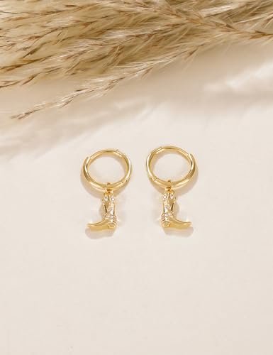 Mameloly Cowgirl Earrings for Women CZ 14K Gold Plated Western Cowboy Hat Dangle Hoop Earrings Cute Jewelry Hypoallergenic - color: 7 CZ Boot