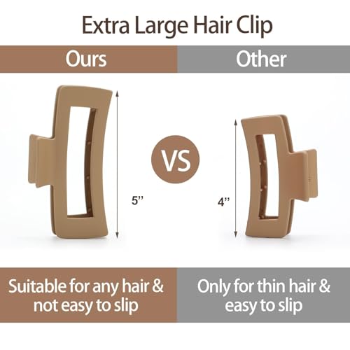 5 Inch XL Hair Clips, Strong Hold Oversized Non-slip Square Clips for Thick Long Curly Hair - 6 Colors, Matte Jumbo Gift Set - color: Brown