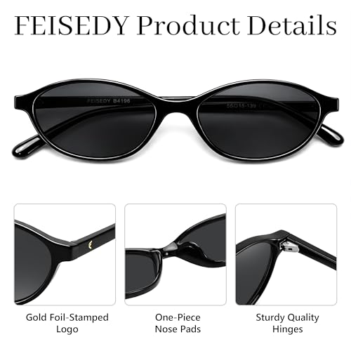 FEISEDY Retro Oval Sunglasses for Women Cat Eye 90s Lightweight Narrow Shades Trendy Sun Glasses B4196 - color: Black