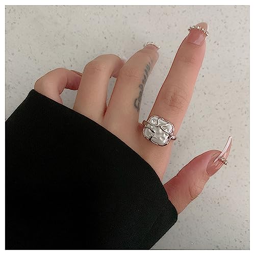 Choistily Pearl Ring for women Geometrical Irregular Pearl Ring Womens Open Adjustable Index Finger Rings - color: silver