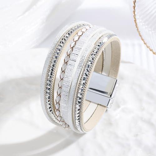 VIBILIA Boho Leather Wrap Bracelets for Women Multi-Layer Bracelets with Strong Clasp Jewelry for Women - color: 03-BohoBraid-White
