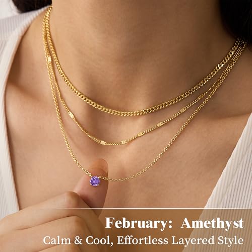 WomenGifts Layered Gold Necklaces for Women, 14K Gold Sterling Silver Plated Dainty Pendant Necklace Set Non Tarnish, Chunky Stackable Cuban Chain Choker, Trendy Birthstone Vacation Jewelry Gift - color: Gold, style: Cubic Zirconia-Created Amethyst-Feb