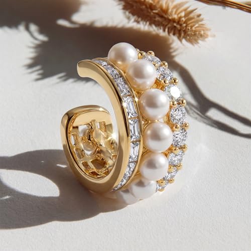 MEVECCO Ear Cuffs Non Piercing For Women 18K Gold Plated Turquiose Pearl Zircons Ear Cuff Earring Clip on Cartilage Fake Hoop Earrings Stack Jewelry Gifts - style: Pearl