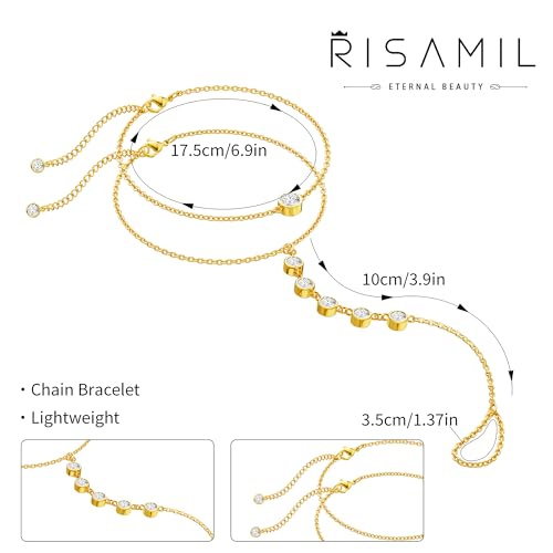 Risamil 14K Gold Plated Hand Chain Bracelets for Women Trendy, Dainty 2PCS Ring Bracelet Hand Chain Finger Bracelets Layered Stackable Link Bracelets for Women Jewelry Gifts for Women - color: 2Pcs-CZ-Gold