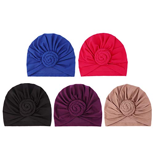 DRESHOW 5 Pack Knotted Headwraps for Women African Turban Pre-Knotted Beanie Headwraps Hair Covers - color: 5 Pack Donuts: Black, Purple, Royal Blue, Khaki, Rose