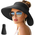 NPJY Sun Hats for Women Wide Brim Roll-Up Beach Ponytail Hat Packable Foldable Travel Straw Visor - color: Black