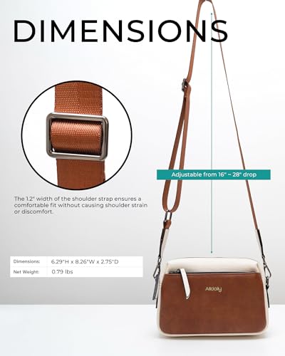 Alldaily Small Triple Zip Crossbody Purse for Women, Vegan Leather Phone Bag with Wide Shoulder Strap - color: Brown & White & White