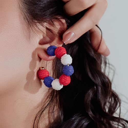 Raffia Hoop Earrings Statement Boho Beaded Earrings Cute Rattan Handmade Colorful Jewelry for Women Unique Summer Outfits - color: 4th of July