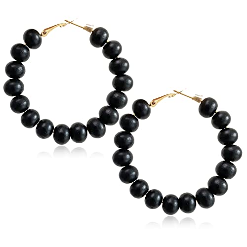 Handmade Nature Wooden Beaded Hoop Earrings Bohemian Minimalist Colorful Circle Round Wood Bead Earrings Vintage Chic Wooden Ethnic Dangle Drop Earrings for Women Statement Jewelry Gifts - color: Black