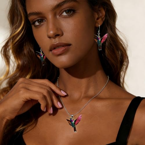 Hummingbird Necklace Earrings Set for Women Cute Colorful 2D Bird Pendant Necklace Acrylic Hypoallergenic Dangle Earrings Trendy Jewelry for Bird Lovers - color: Red