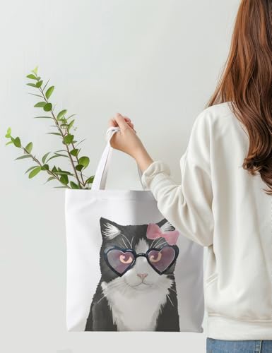 Preppy Animal Tote Bag, Pet Canvas Tote Bag, Reusable Grocery Shopping Shoulder Bags - color: Cat