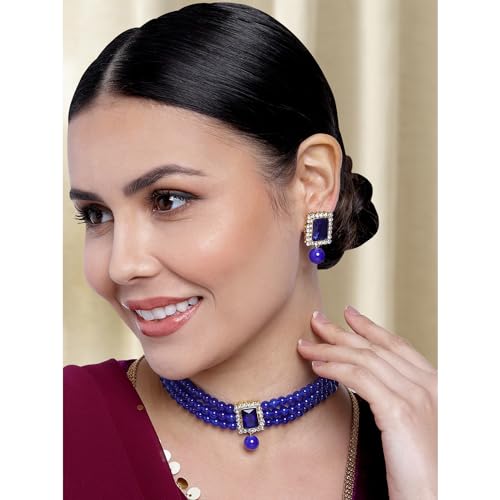 Aheli Ethnic Choker Necklace Earrings Wedding Bollywood Party Jewelry Set Gift for Women - color: Blue 2