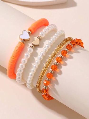 Caiyao Bohemia Multilayer Heart Imitation Pearl Beaded Stackable Bracelets Set Colorful Surfer Heishi Clay Gold Beads Stretch Bracelets for Women Men Summer Beach Boho Vacation Jewelry Gifts - color: Orange