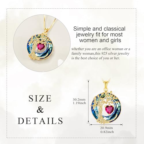 POPLYKE Mothers Day Gifts for Mom Her Wife Tree of Life Necklace 925 Sterling Silver Birthstone Pendant with Crystal Anniversary Birthday Wedding Jewelry for Women - color: 07-Jul-Ruby, style: 18K Gold Plated-Blue Crystal