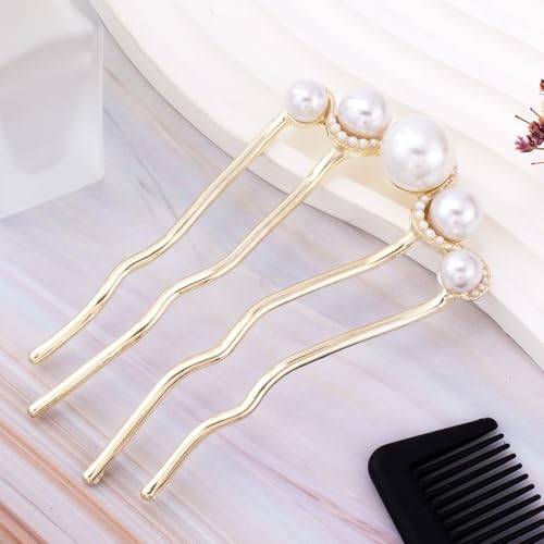 2 Pcs Pearl Hair Pins U Shaped, Elegant Vintage French Pearl Hair Comb, French Twist Hair Pin for Brides, Bridesmaid, Party, Daily, Holiday (Gold) - color: Gold