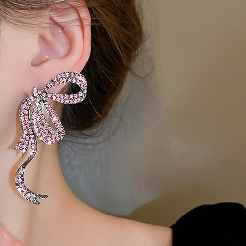 Rhinestone Bow Earrings for Women, Elegant Bridal Jewelry Statement Drop Dangle Earrings, Wedding Guest Dress Matching Accessories, Bridesmaid Gift, Sparkling Party Costume Outfit - color: B2:Pink Bow Earrings
