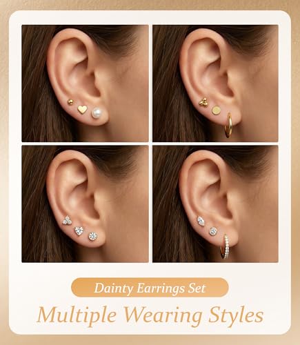 Incaton Hypoallergenic Flat Back Earrings for Women Silver 14K Gold Plated Surgical Stainless Steel Stud Earrings Cubic Zirconia Cartilage Studs Earrings For Multiple Piercing Sensitive Ears - color: B-Gold