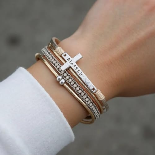 Turquoise Leather Wrap Bracelet for Women Cross Boho Beaded Stack Wrap Cuff Bracelets Stackable Crystal Bangle With Gold Silver Bohemian Jewelry Gift - color: blackcross