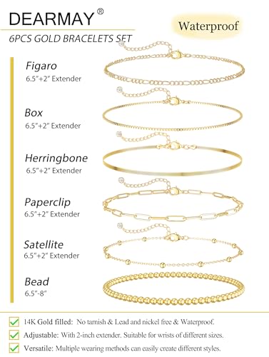 Dearmay Gold Bracelets for Women Waterproof, 14K Gold Plated Minimalist Bracelets Stack Non Tarnish Trendy Dainty Herringbone Vintage Cuban Paperclip Rope Thin Box Link Chain Stackable Jewelry Sets Modern Fashion Accessories Gifts for Womens - style: 5Pcs