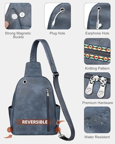 FADEON Large Sling Bag for Women, Leather Crossbody Purse Designer Anti Theft Sling Backpack, RFID Fanny Packs for Travel - color: Dark Blue Retro Style