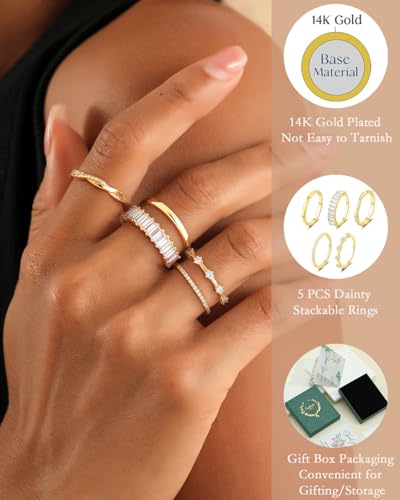 Stackable Silver/Gold Rings for Women Non Tarnish Trendy Dainty 14K Gold Plated Stacking Cubic Zirconia Thumb Ring Set Minimalist Promise Wedding Bands Engagement Rings for Women Size 6-10 - color: A-5pcs-Gold, size: 9