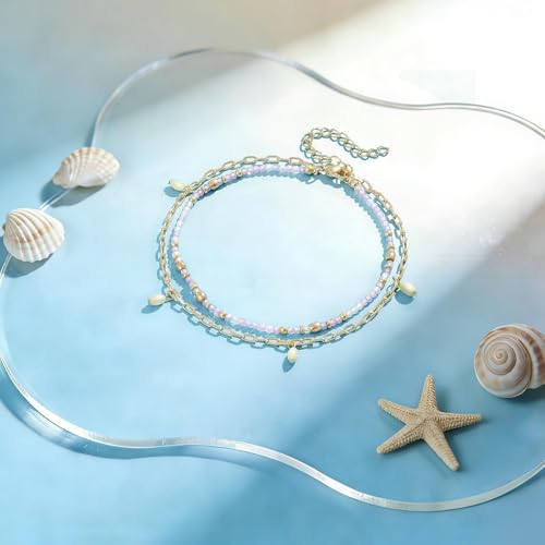KissYan Layered Ankle Bracelets for Women, Summer Beaded Anklets Waterproof Adjustable Handmade Jewelry Gifts - color: Violet