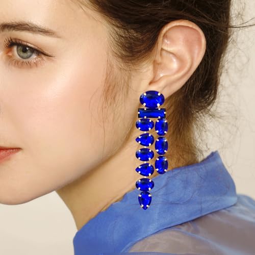 Boho Large Sparkly Rhinestones Teardrop Drop Dangle Earrings Long Tassel Full Crystals Chain Earrings for Women Wedding - style: Blue