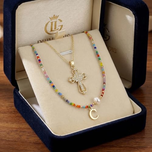 Colorful Pearl Beaded Initial Choker Necklaces for Women, Boho Handmade Personalized Seed Beads Letter Name Necklace Beach Surfer Bohemian Jewelry Gift - color: Cross C
