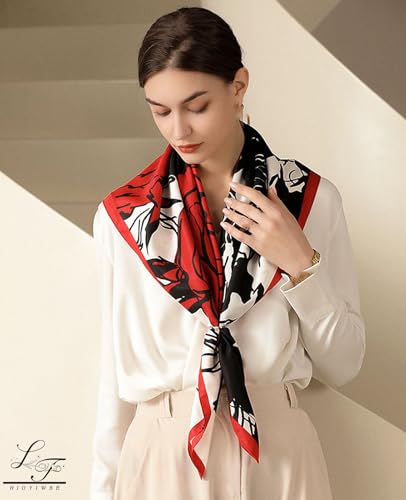 Hioyiwse Head Scarf For Women Hair Bandana 35" Large Square Satin Wrap Sleeping Neck Silk Satin Hair Scarves Lightweight - color: F26-big Red Rose(35*35inch）